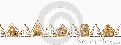 Gingerbread village. Christmas background. Seamless border Vector Illustration