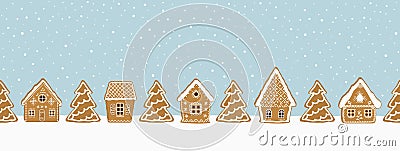 Gingerbread village. Christmas background. Seamless winter border Vector Illustration