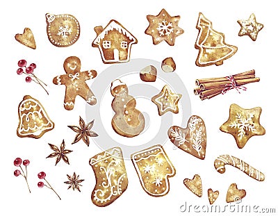 Gingerbread. Watercolor hand drawn traditional cookies with icing sugar, gingerbread man, star, tree, ball, bell, heart, berries, Stock Photo