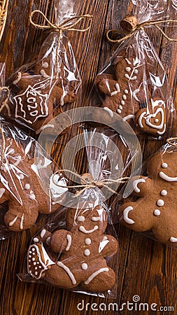 Gingerbreadman package on wood background Stock Photo