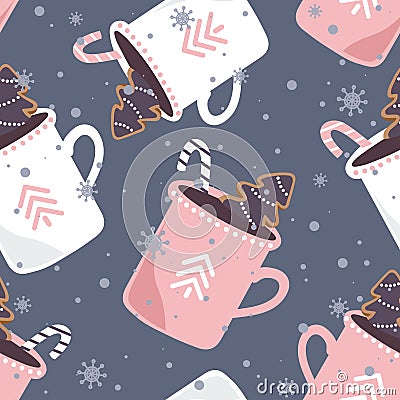 Gingerbreads, biscuits, cups of cocoa, colorful seamless pattern. Decorative cute background with food, snow. Merry Christmas Vector Illustration