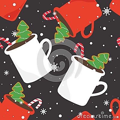 Colorful seamless pattern with gingerbreads, cups of cocoa, candy canes,snow. Decorative cute background, biscuits. Happy New Year Vector Illustration
