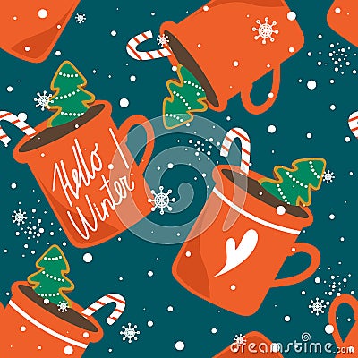 Colorful seamless pattern, gingerbreads, biscuits, cups of cocoa, candy canes. Happy New Year Vector Illustration