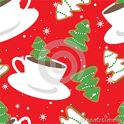 Gingerbreads, biscuits, cups of cocoa, colorful seamless pattern. Decorative cute background with food, snow. Merry Christmas Vector Illustration