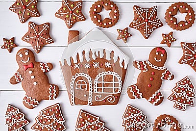 Gingerbreand cookies christmas composition, house Stock Photo