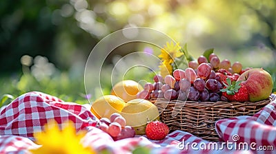 Gingham blankets, fresh fruit, and sunshine evoke a delightful spring picnic Stock Photo