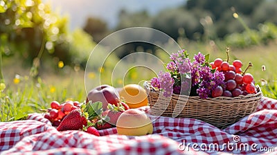 Gingham blankets, fresh fruit, and sunshine evoke a delightful spring picnic Stock Photo