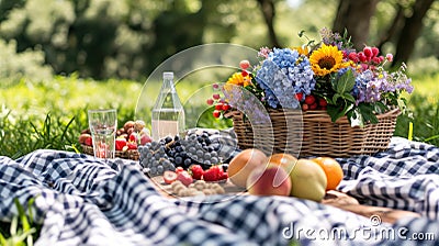 Gingham blankets, fresh fruit, and sunshine evoke a delightful spring picnic Stock Photo