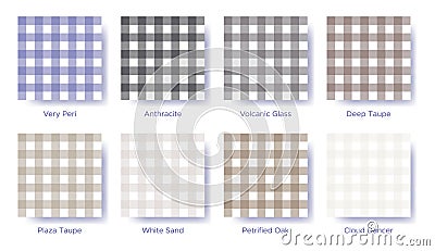 Gingham seamless pattern set in the color of 2022 Very Peri. Sample color guide palette catalog of swatches. Matching Vector Illustration