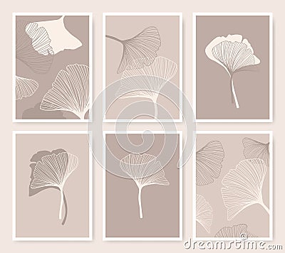 Ginkgo biloba flowers posters set of thin and flat icons shapes in beige and brown colors. Herbal medicine pastel plant Vector Illustration