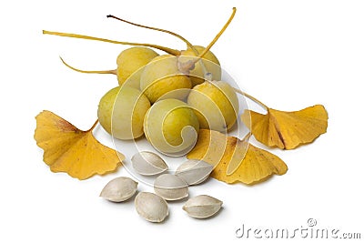 Ginkgo biloba fruit, nuts and leaves Stock Photo