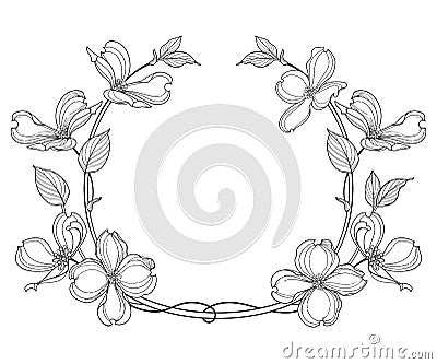 Vector frame with outline American dogwood or Cornus Florida flowers and leaves in black isolated on white background. Vector Illustration