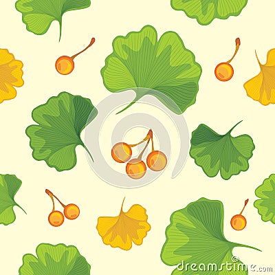 Ginkgo biloba leaves with nuts. Seamless pattern for design Vector Illustration