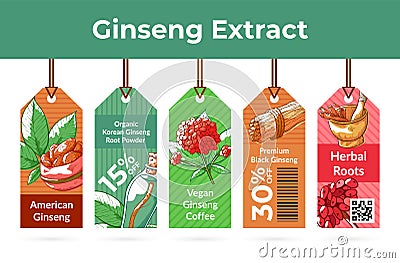 Ginseng extract promo tags on rope set engraved vector hand drawn illustration. Korean herbal roots Vector Illustration