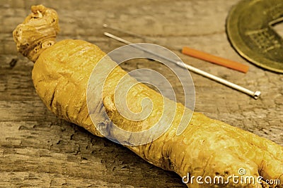 Ginseng root and acupunture needles Stock Photo