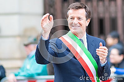 Giorgio Gori. Mayor of Bergamo with Italian flag during the Alpini gathering in Milan Editorial Stock Photo