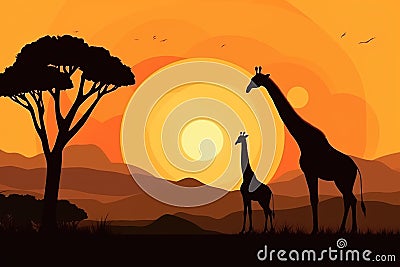 Giraffe and baby giraffe against the backdrop of the setting sun Stock Photo