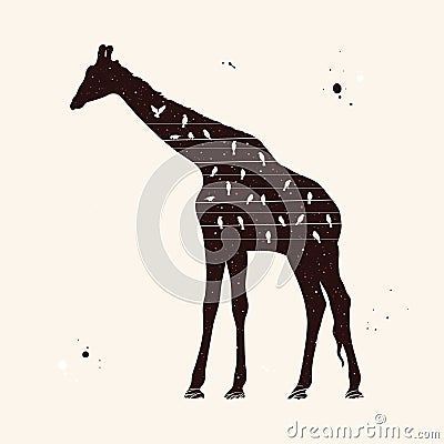 Giraffe and birds on wires. Animal silhouette. Starry sky texture Vector Illustration