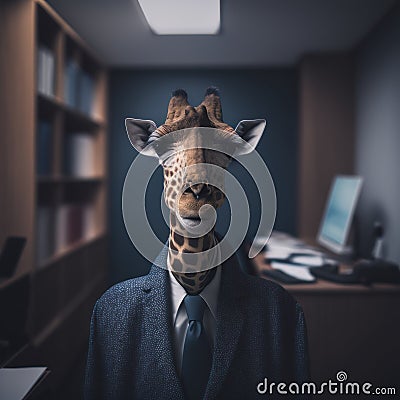 A giraffe in a business suit at the office, Generative AI Stock Photo