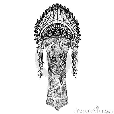 Giraffe, camelopard, zoo. Wild animal wearing inidan headdress with feathers. Boho chic style illustration for tattoo Vector Illustration