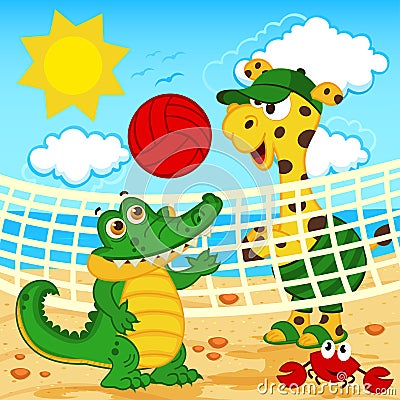 giraffe crocodile playing in beach volleyball Vector Illustration