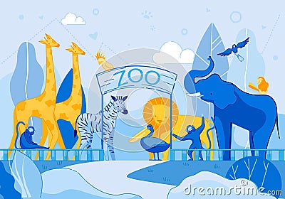 Giraffe Elephant Parrot Monkey Lion Zebra at Zoo Vector Illustration