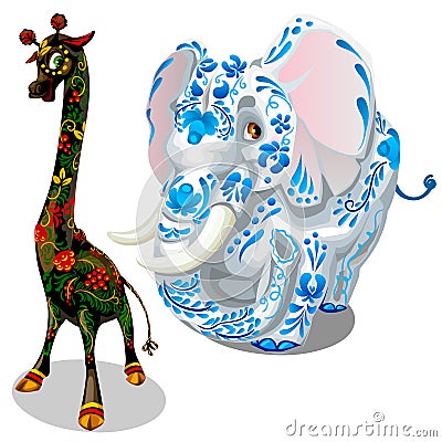 Giraffe and elephants painted figurines. Vector Vector Illustration