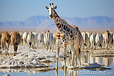 Giraffe in the Etosha National Park, Namibia, A herd of giraffes and zebras in Etosha National Park, Namibia, creates a Stock Photo