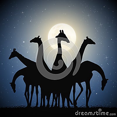 Giraffe family. Funny animal herd silhouette. Full moon in night sky Vector Illustration