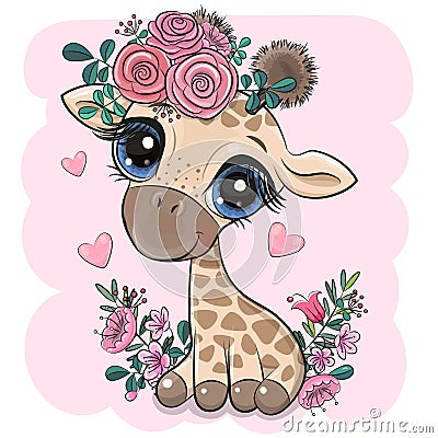 Giraffe with flowers on a pink background Vector Illustration