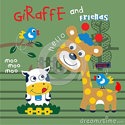 Giraffe and friends funny animal cartoon,vector illustration Vector Illustration