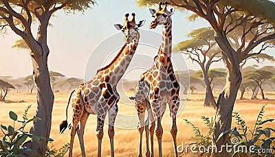 Giraffe Giraffa pair African hoofed mammal trees Cartoon Illustration