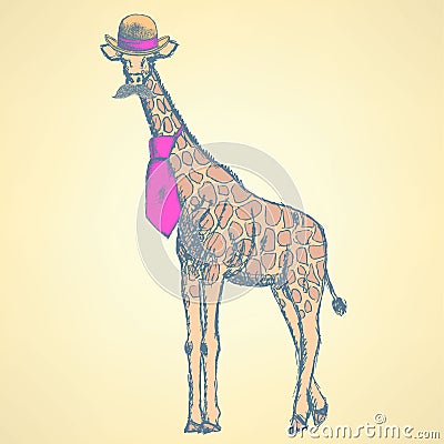 Giraffe hipster in hat and tie, with mustache Vector Illustration