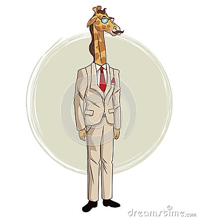 Giraffe hipster style with beige suit red tie mustache and glasses Vector Illustration