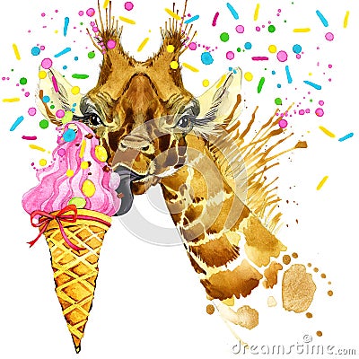 Giraffe illustration with splash watercolor textured background Cartoon Illustration