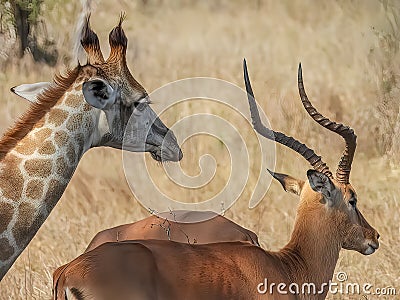 Giraffe and impala resting side by side Stock Photo