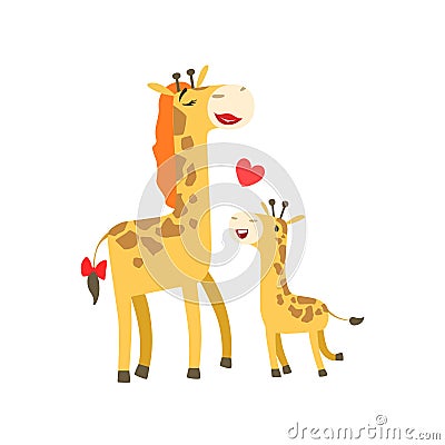 Giraffe Mom With Lipstick Animal Parent And Its Baby Calf Parenthood Themed Colorful Illustration With Cartoon Fauna Vector Illustration