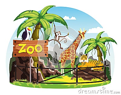 Giraffe and monkey, tiger and toucan at zoo Vector Illustration