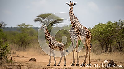 A giraffe mother and her calf standing side by side on savannah. Generative AI. Stock Photo