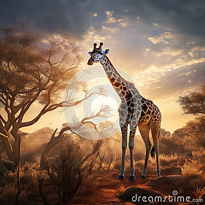 Giraffe reaching high Cartoon Illustration