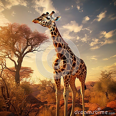 Giraffe reaching high Cartoon Illustration