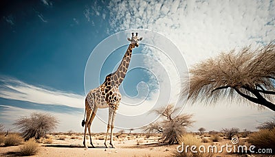 A majestic giraffe stands tall with sky behind in Africa generative AI Stock Photo