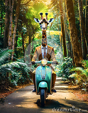 Giraffe Scooter Riding through the wild jungle Stock Photo