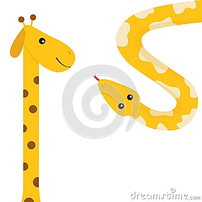 Giraffe with round spot. Long neck. Yellow python snake red tongue. Crawling serpent. Zoo animal friends. Cute cartoon funny card Vector Illustration