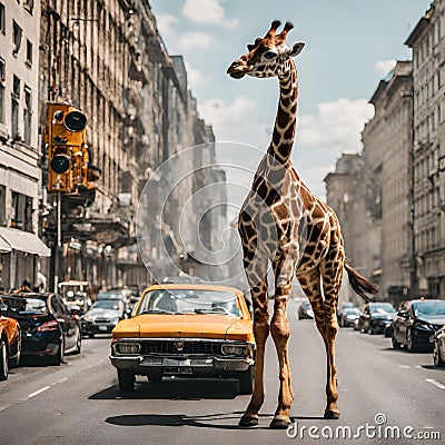 A giraffe walking in a city with cars - 1 Stock Photo