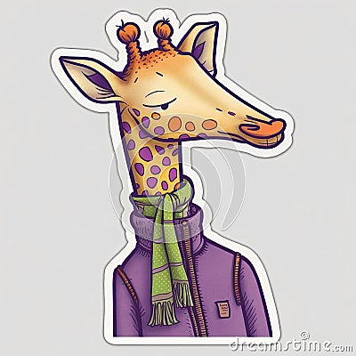 giraffe, scarf sticker humanized characters funny vector artistic and delicate minimalist hand drawn doodle. Stock Photo