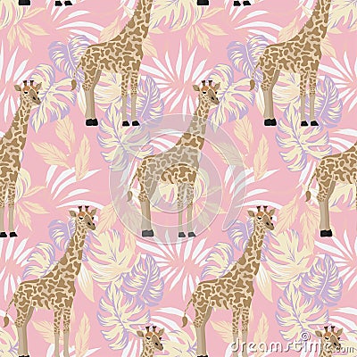 Giraffe seamless pattern abstract leaves pink background Vector Illustration