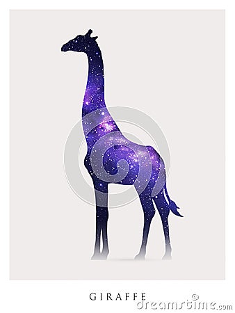 Giraffe silhouette. Isolated abstract animal outline. Night starry sky Vector Illustration