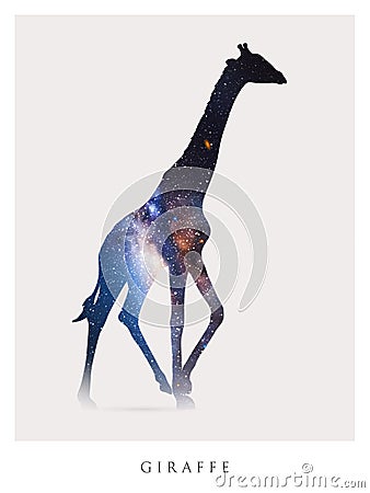 Giraffe silhouette. Isolated abstract animal outline. Night starry sky Vector Illustration