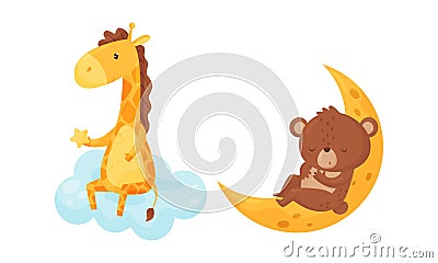 Giraffe Sitting on Cloud Holding Star and Bear Sleeping on on Crescent Moon Vector Set Vector Illustration